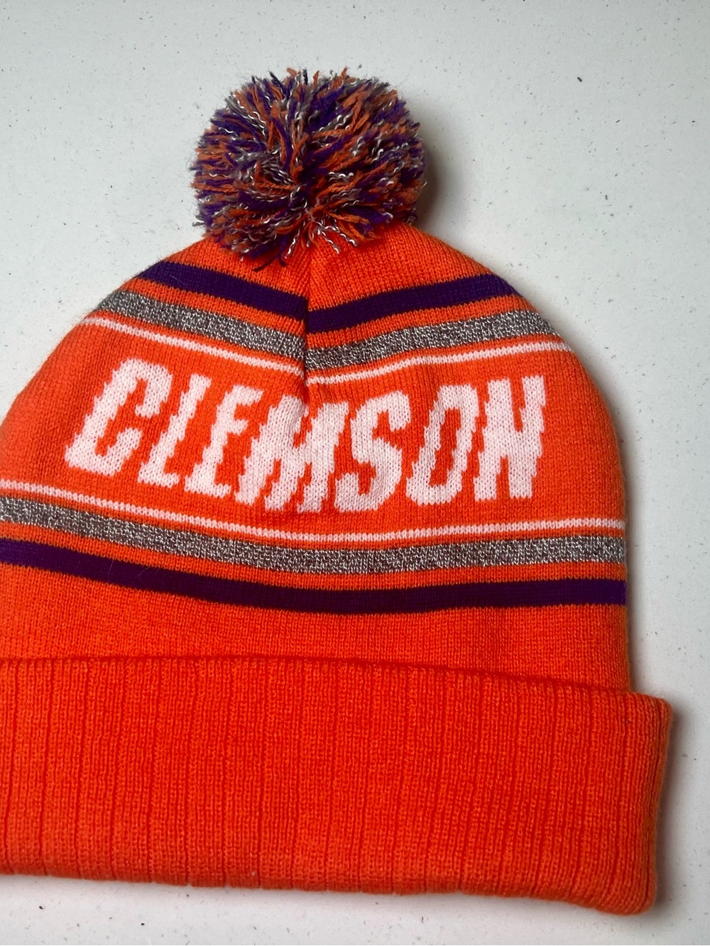 OS Pom Beanie Hat - Clemson Tigers Orange & Purple Winter Knit